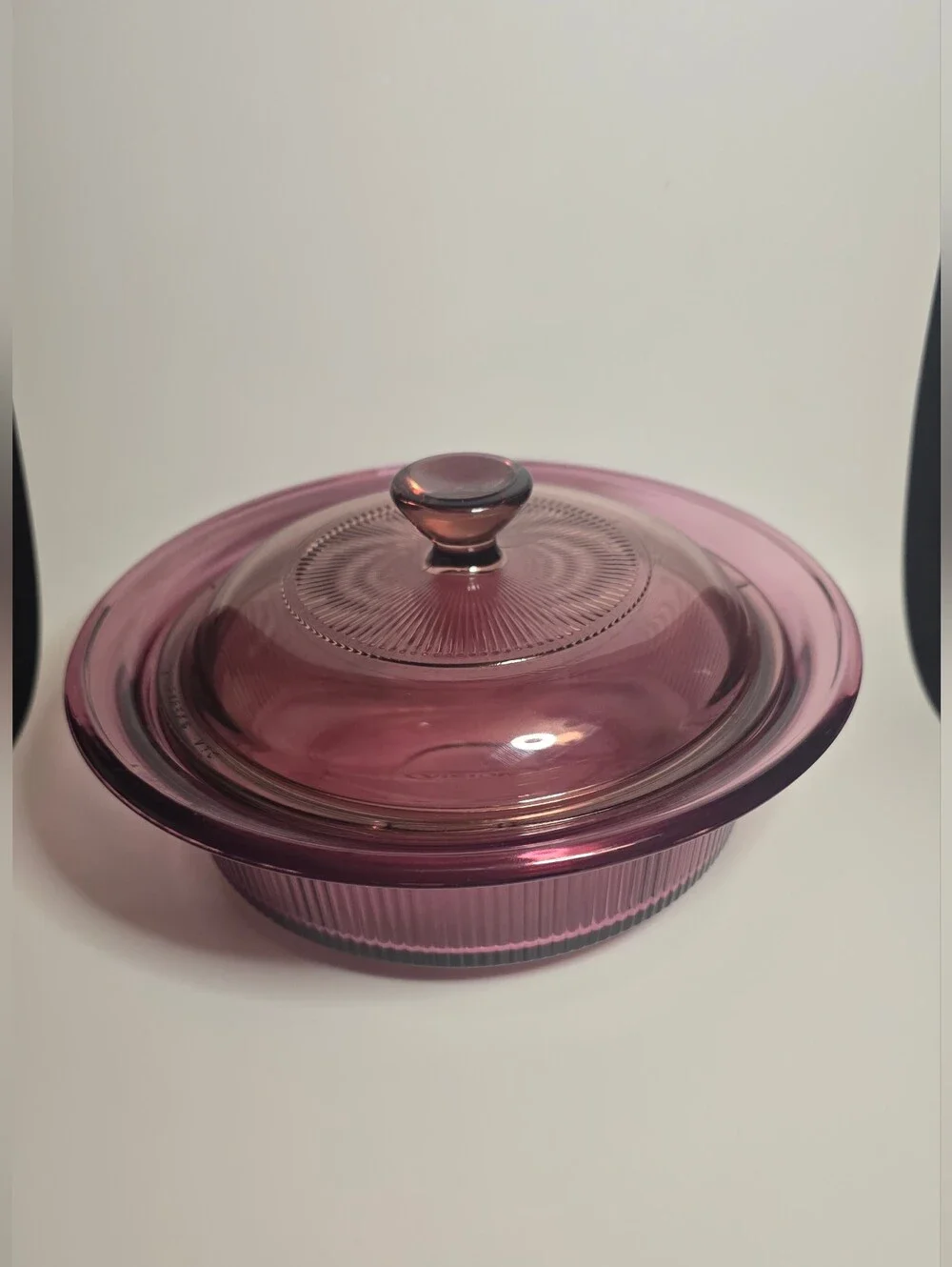vintage Corning Visions 24-ounce cranberry glass round casserole Dish